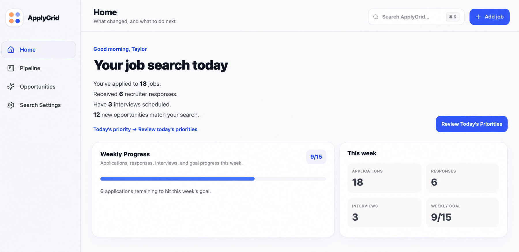 ApplyGrid job search dashboard with updated metrics