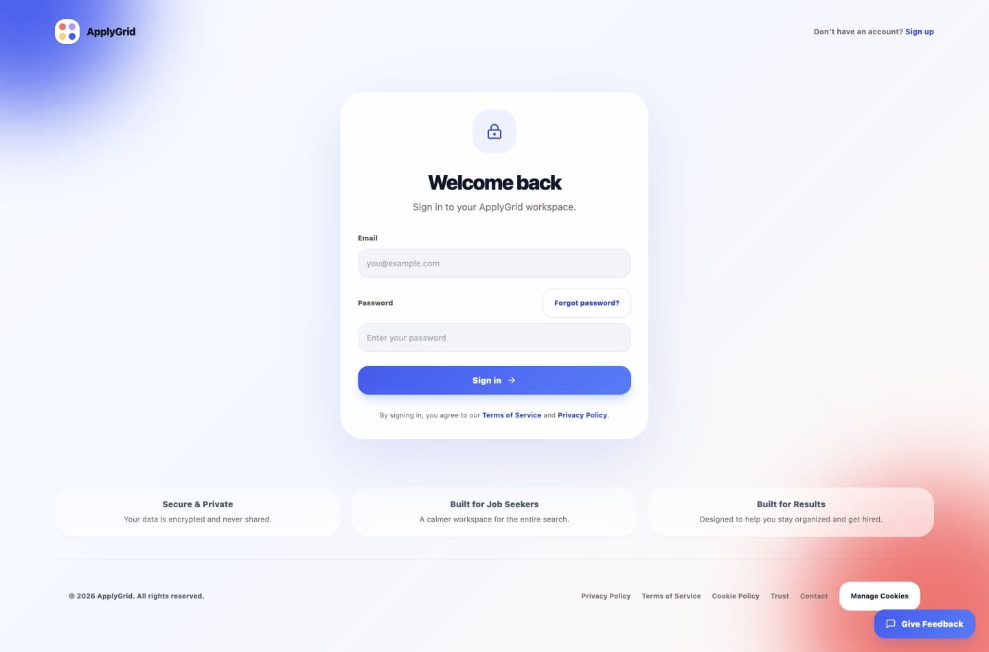 ApplyGrid login screen