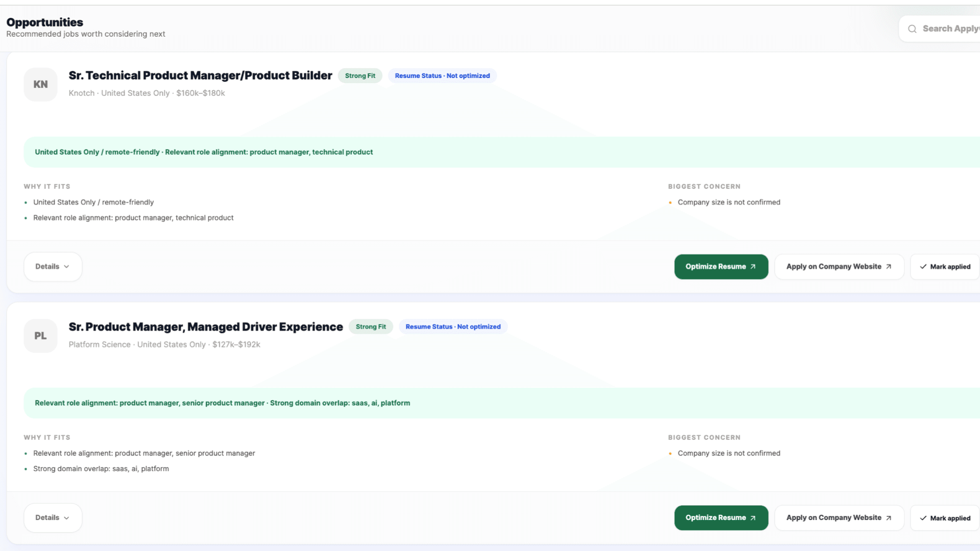 ApplyGrid opportunities screen with recommended job matches