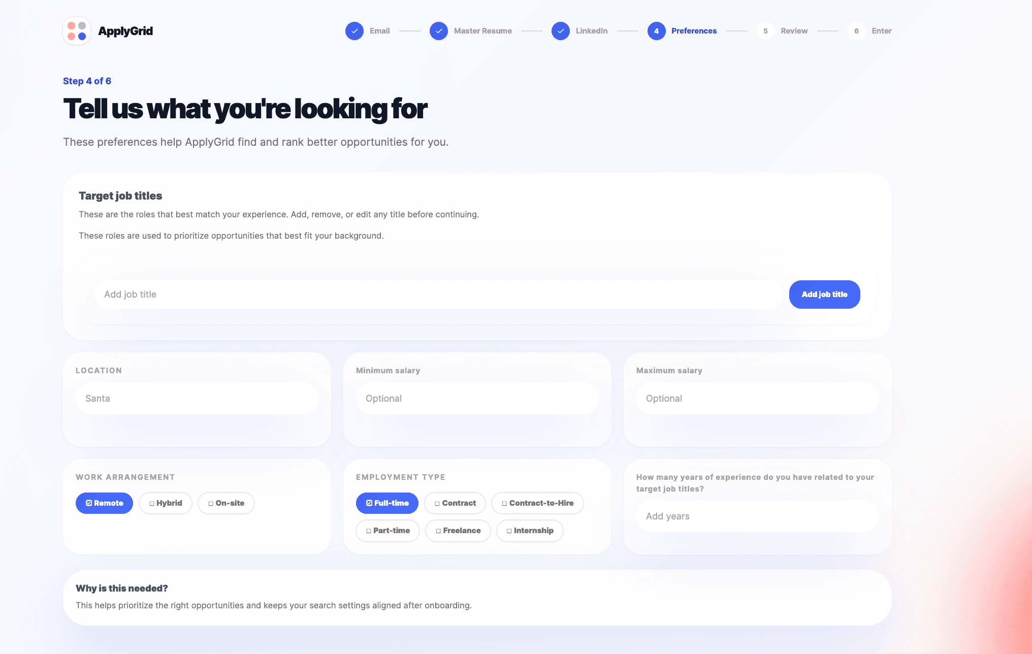 ApplyGrid search preferences screen