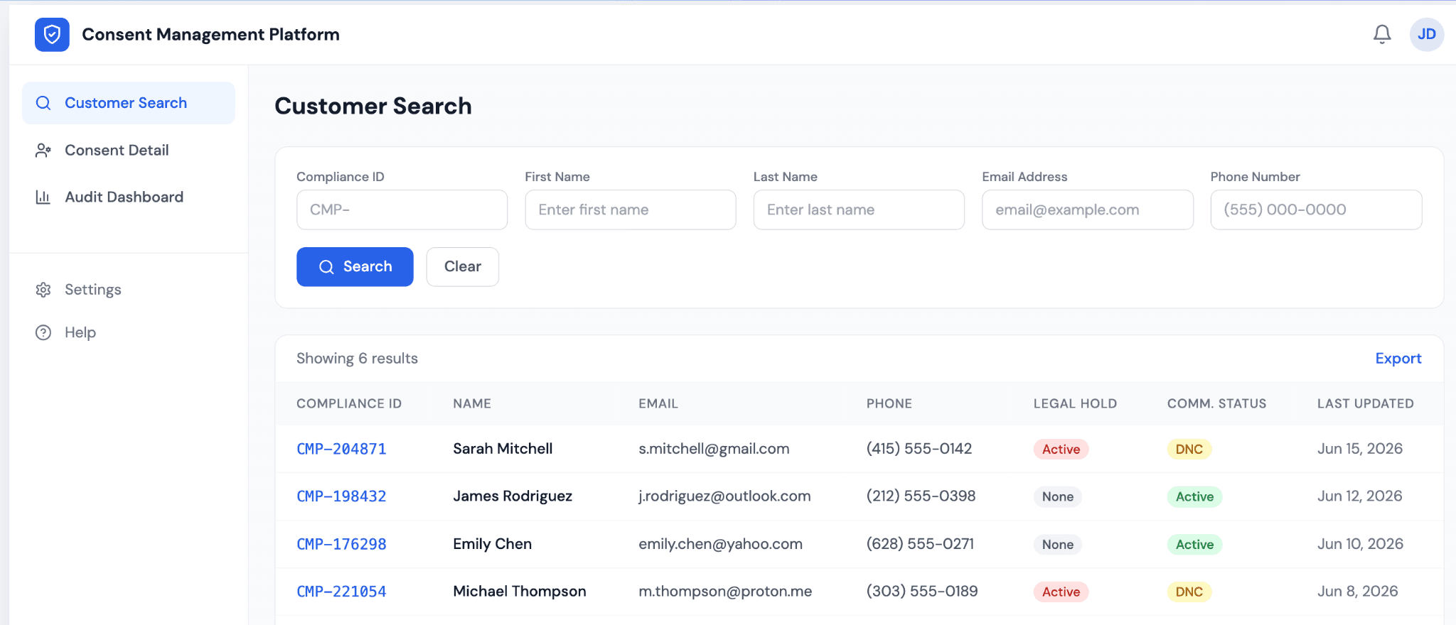 Consent Management Platform customer search screen